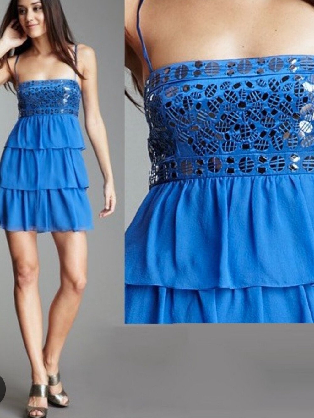BCBG Max Azria 100% Silk 3 Tiered Blue Dress W/ Silver Sequin Spagetti Strap 0